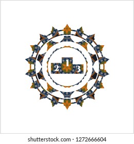 podium icon inside arabic style badge. Arabesque decoration.