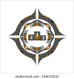podium icon inside arabic style badge. Arabesque decoration.