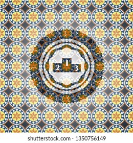 podium icon inside arabic style badge. Arabesque decoration.