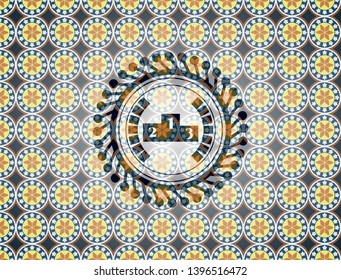 podium icon inside arabic style badge. Arabesque decoration.