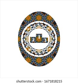 podium icon inside arabic style emblem. Arabesque decoration.