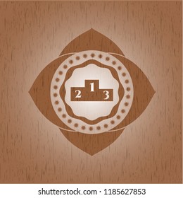 podium icon inside badge with wooden background