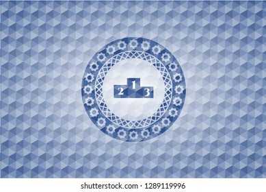 podium icon inside blue badge with geometric pattern background.