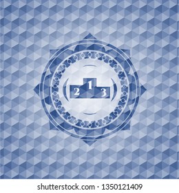 podium icon inside blue badge with geometric pattern background.