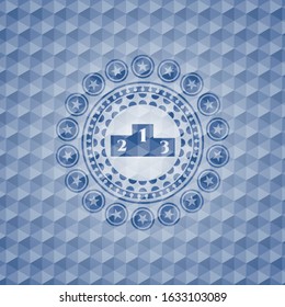 podium icon inside blue badge with geometric pattern background.