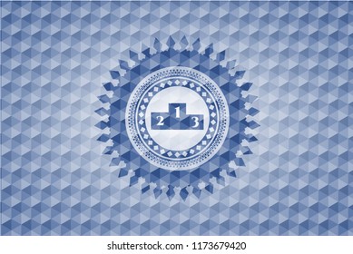 podium icon inside blue emblem or badge with abstract geometric pattern background.