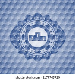 podium icon inside blue emblem or badge with geometric pattern background.