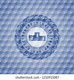 podium icon inside blue emblem with geometric background.