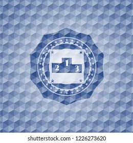 podium icon inside blue emblem or badge with abstract geometric pattern background.