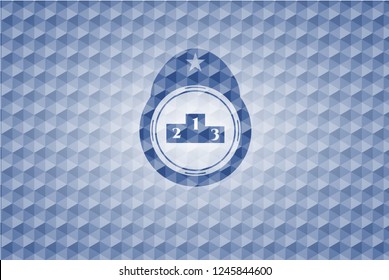 podium icon inside blue emblem with geometric pattern background.