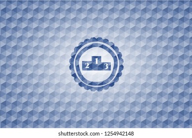 podium icon inside blue emblem with geometric pattern.