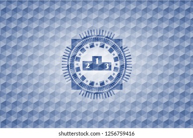 podium icon inside blue emblem or badge with abstract geometric polygonal pattern background.