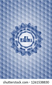 podium icon inside blue emblem or badge with geometric pattern background.