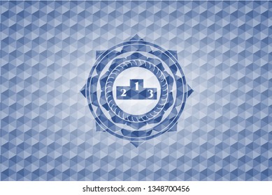 podium icon inside blue emblem or badge with abstract geometric pattern background.