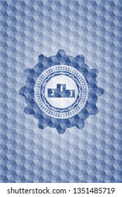 podium icon inside blue emblem or badge with abstract geometric pattern background.