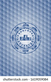 podium icon inside blue emblem or badge with abstract geometric polygonal pattern background.