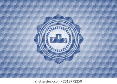 podium icon inside blue emblem with geometric background. 