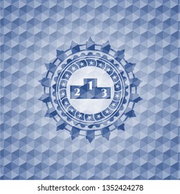 podium icon inside blue hexagon emblem.