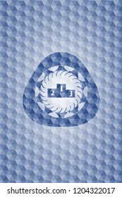 podium icon inside blue polygonal emblem.