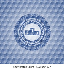 podium icon inside blue polygonal badge.