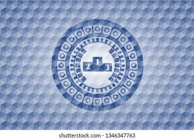 podium icon inside blue polygonal emblem.