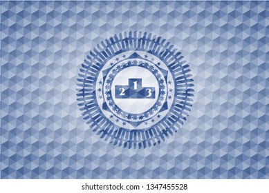 podium icon inside blue polygonal emblem.