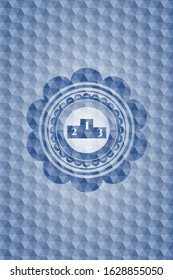 podium icon inside blue polygonal emblem.