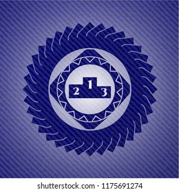 podium icon inside emblem with denim texture