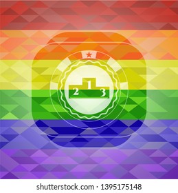 podium icon inside emblem on mosaic background with the colors of the LGBT flag