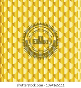 podium icon inside gold shiny emblem. Scales pattern. Vector Illustration. Detailed.