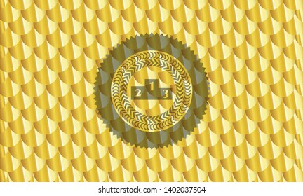 podium icon inside gold shiny emblem. Scales pattern. Vector Illustration. Detailed.
