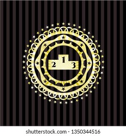 podium icon inside golden emblem or badge