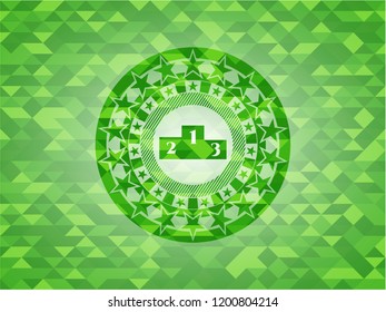 podium icon inside green emblem with mosaic ecological style background