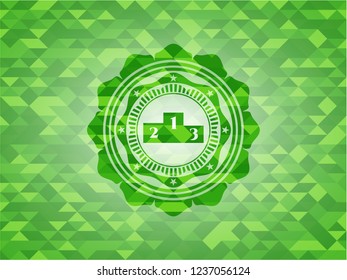 podium icon inside green emblem with triangle mosaic background