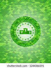podium icon inside green emblem. Mosaic background