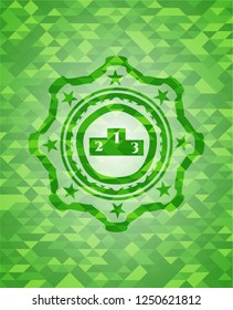 podium icon inside green emblem. Mosaic background