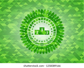 podium icon inside green emblem with mosaic background