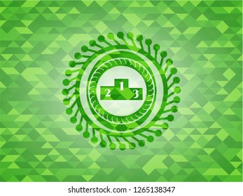 podium icon inside green emblem with mosaic background