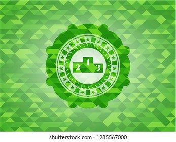 podium icon inside green emblem with mosaic background