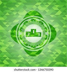 podium icon inside green emblem. Mosaic background