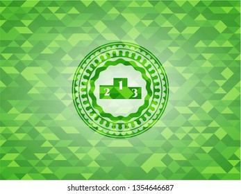 podium icon inside green emblem with triangle mosaic background