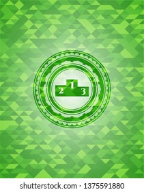 podium icon inside green emblem with mosaic ecological style background