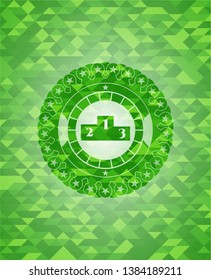 podium icon inside green emblem. Mosaic background