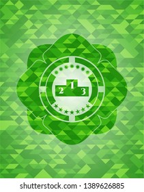 podium icon inside green emblem with mosaic ecological style background