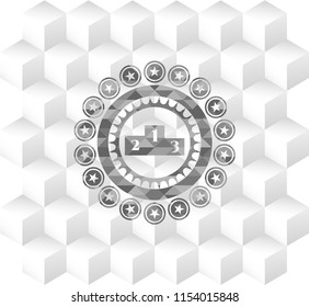 podium icon inside grey badge with geometric cube white background