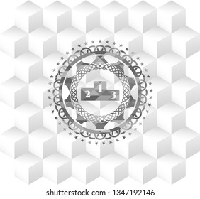 podium icon inside grey badge with geometric cube white background
