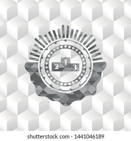 podium icon inside grey badge with geometric cube white background