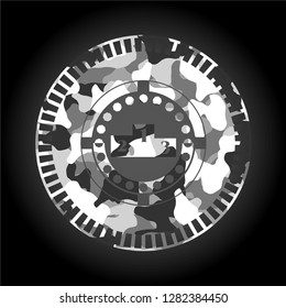 podium icon inside grey camouflaged emblem