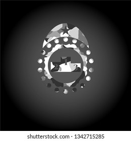 podium icon inside grey camouflaged emblem