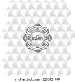 podium icon inside grey emblem with geometric cube white background